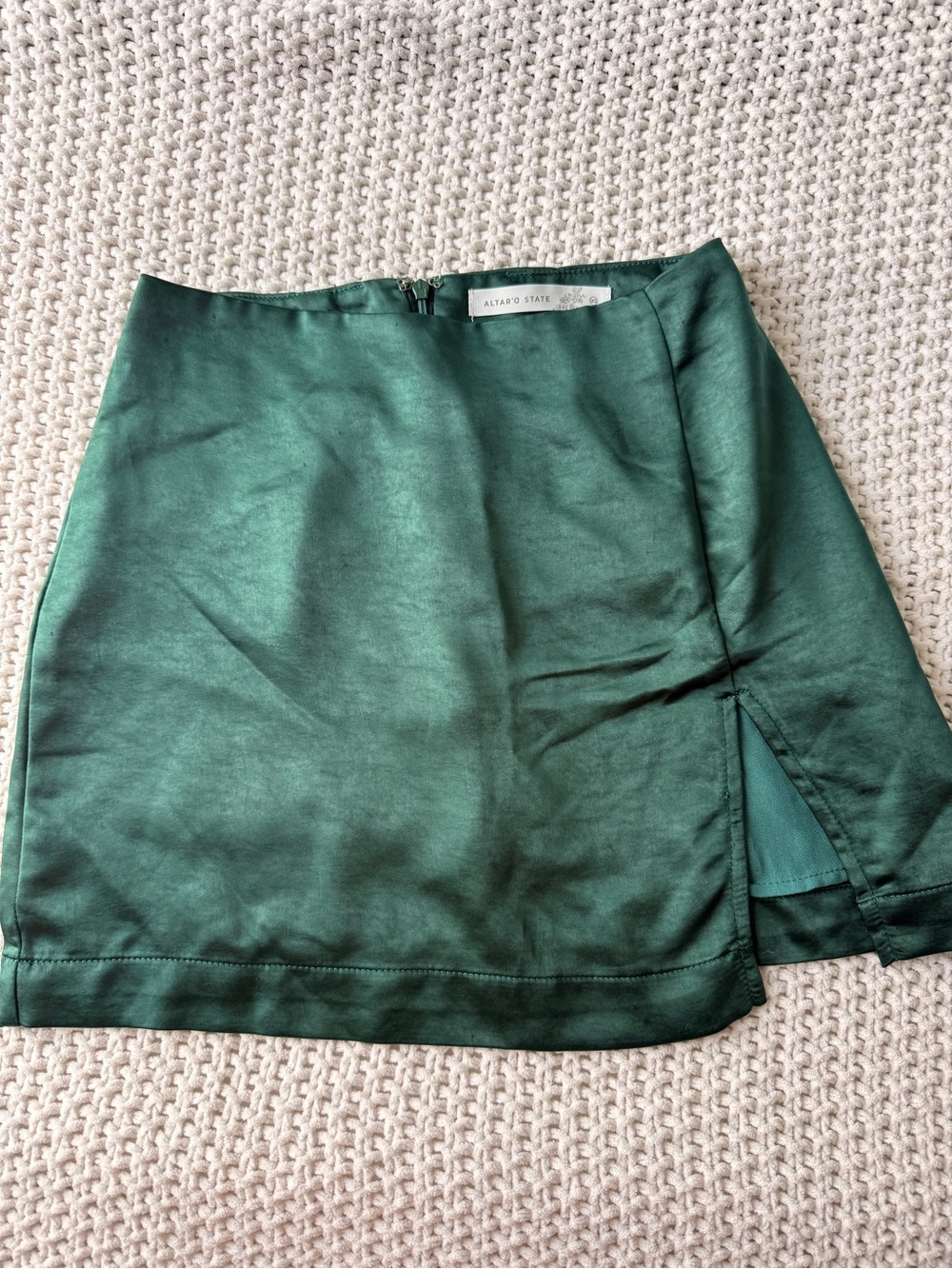 Altar'd State Emerald Satin Mini Skirt with Side Slit